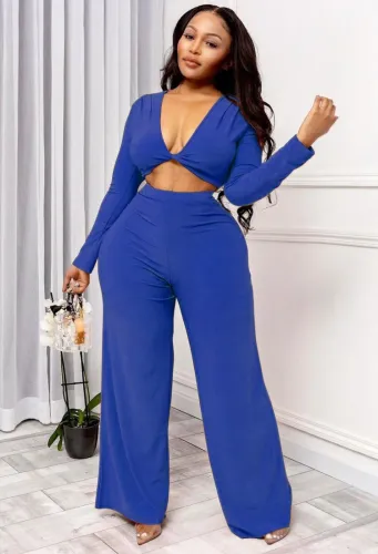 Blue Long Sleeve V-Neck Crop Top and High Waist Pants 2PCS Set