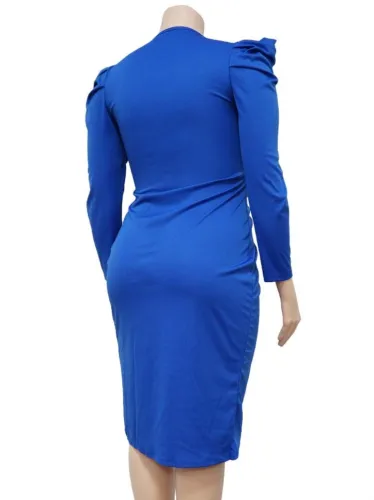 Plus Size Blue V-Neck Wrap Long Sleeves Irregular Long Dress
