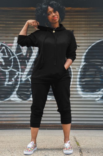 Black Drawstring Hoody Top and Pants Two Piece Set