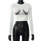 Print White Chains Long Sleeve O-Neck Crop Top