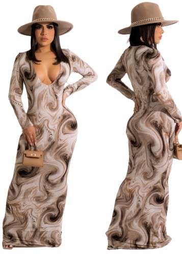 Print V-Neck Long Sleeves Maxi Sheath Dress