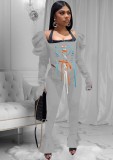 Grey Lace Up Bubble Sleeve Crop Top and Flare Pants 2PCS Set