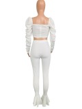 White Lace Up Bubble Sleeve Crop Top and Flare Pants 2PCS Set