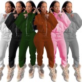 Pink Turtleneck Zip Up Top and Pants 2PCS Set with Pockets