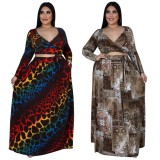 Plus Size Multicolor Leopard V-Neck Crop Top and Maxi Skirt 2PCS Set