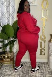 Plus Size Red Zipper Hoody Top and Pants Two Piece Set