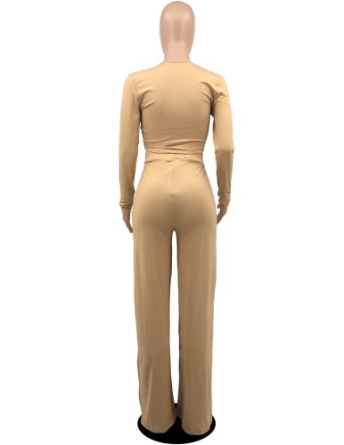 Khaki Long Sleeve V-Neck Crop Top and High Waist Pants 2PCS Set