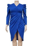 Plus Size Blue V-Neck Wrap Long Sleeves Irregular Long Dress