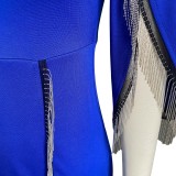 Blue Slit Fringe Irregular Sleeve Midi Dress