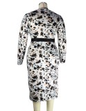 Plus Size Leopard Print O-Neck Long Bodycon Dress with Belt