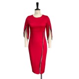 Red Slit Fringe Irregular Sleeve Midi Dress