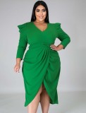 Plus Size Green V-Neck Wrap Long Sleeves Irregular Long Dress