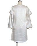 White Silk Puff Long Sleeve Midi Dress