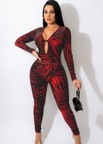 Print Red Fitted Hole Top and High Waist Pants 2PCS Set