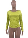 Green O-Neck Skinny Ruched Crop Top