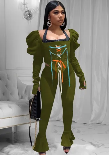 Green Lace Up Bubble Sleeve Crop Top and Flare Pants 2PCS Set