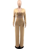 Khaki Long Sleeve V-Neck Crop Top and High Waist Pants 2PCS Set