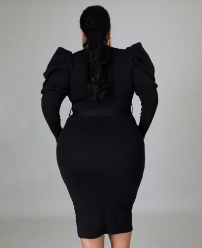 Plus Size Black O-Neck Bubble Sleeve Midi Tight Dress with Belt