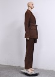 Brown Turndown Collar Office Blazer and Pants with Belt 3PCS Set