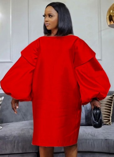 Red Silk Puff Long Sleeve Midi Dress