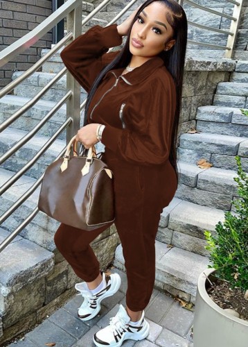 Brown Velvet Zip High Neck Jacket and Pant Two Piece Set