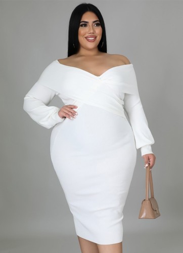 Plus Size White Midi Slim Fit Dress