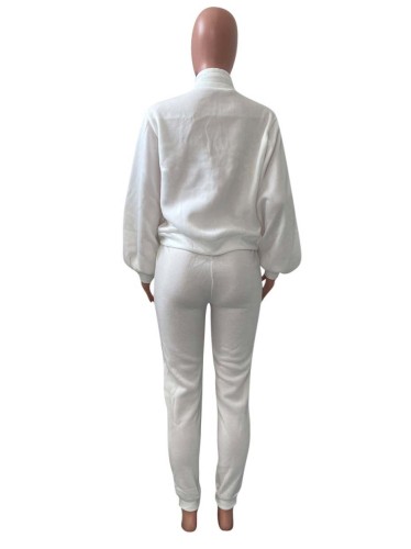 White Turtleneck Zip Up Top and Pants 2PCS Set with Pockets