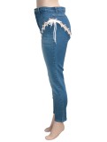 Blue Lace Up Hollow Out High Waist Bodycon Jeans