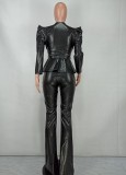 Black Leather Knotted Pad Shoulder Top and Pants 2PCS Set