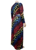 Plus Size Multicolor Leopard V-Neck Crop Top and Maxi Skirt 2PCS Set