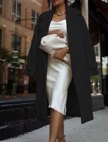Black Turndown Collar Long Sleeve Elegant Long Coat