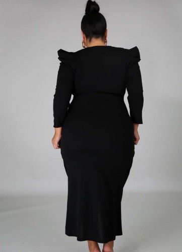 Plus Size Black V-Neck Wrap Long Sleeves Irregular Long Dress