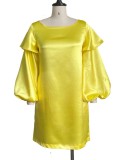 Yellow Silk Puff Long Sleeve Midi Dress