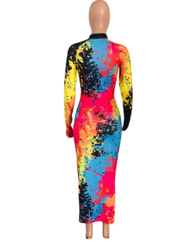 Paints Print Black Round Neck Long Slinky Dress