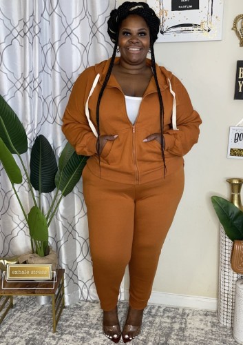 Plus Size Brown Zipper Hoody Top and Pants Two Piece Set