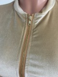 Khaki Velvet Zip Open Crop Top and Pants 2 Piece Set