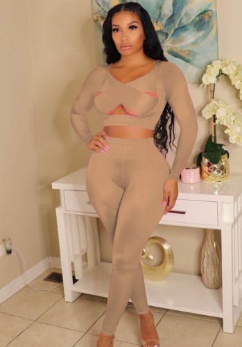 Khaki Cut Out Criss Cross Fitted Crop Top and Pants 2PCS Set