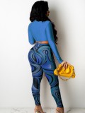 Blue Plunge Neck Crop Top and Print Legging 2PCS Set