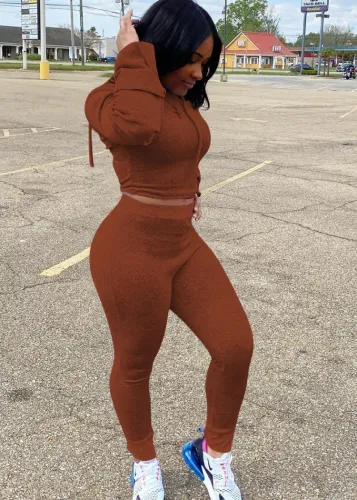 Brown Sheath Pullover Hoody Crop Top and Pants 2PCS Set