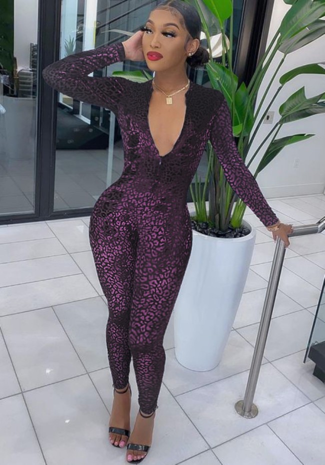 Leopard Print Purple Zipper Up Midi Neck Tight Jumpsuit