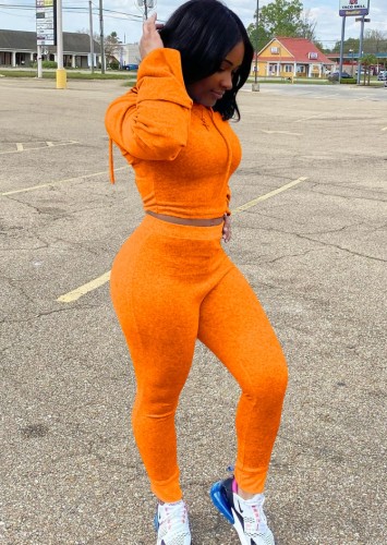 Orange Sheath Pullover Hoody Crop Top and Pants 2PCS Set