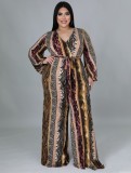 Plus Size Leopard Print V-Neck Wide Jumpsuit with Belt