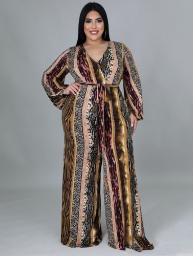 Plus Size Leopard Print V-Neck Wide Jumpsuit with Belt