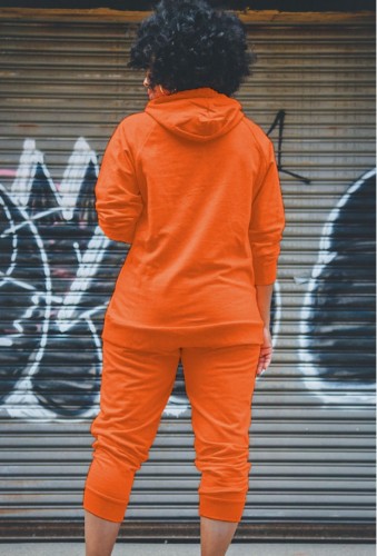Orange Drawstring Hoody Top and Pants Two Piece Set