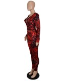 Print Red Fitted Hole Top and High Waist Pants 2PCS Set
