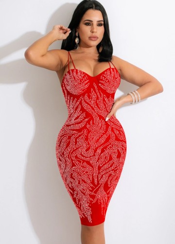 Red Crystal Cami Midi Fitted Dress