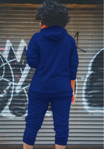 Blue Drawstring Hoody Top and Pants Two Piece Set