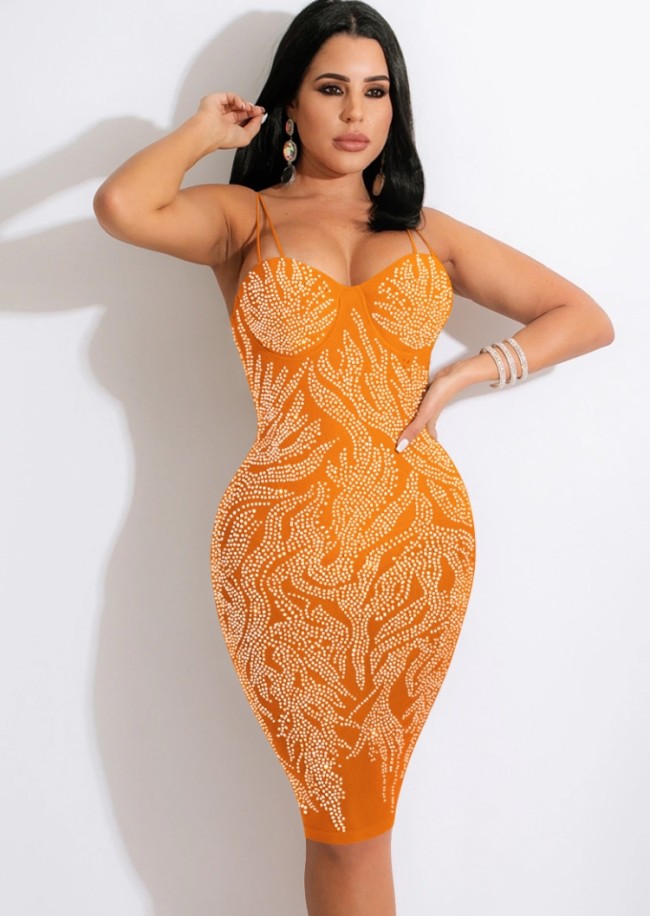 Orange Crystal Cami Midi Fitted Dress