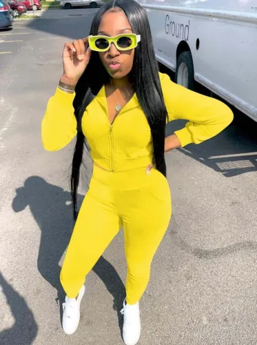 Yellow Zip Open Hoody Crop Top and Pants 2PCS Set