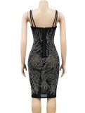 Black Crystal Cami Midi Fitted Dress